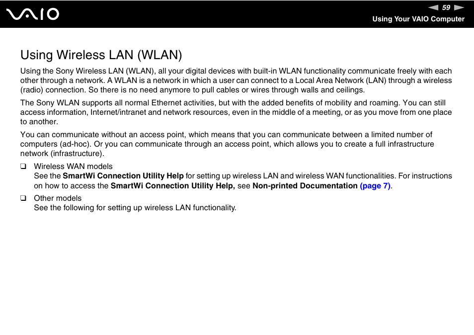 Using wireless lan (wlan) | Sony VGN-TZ10 User Manual | Page 59 / 226