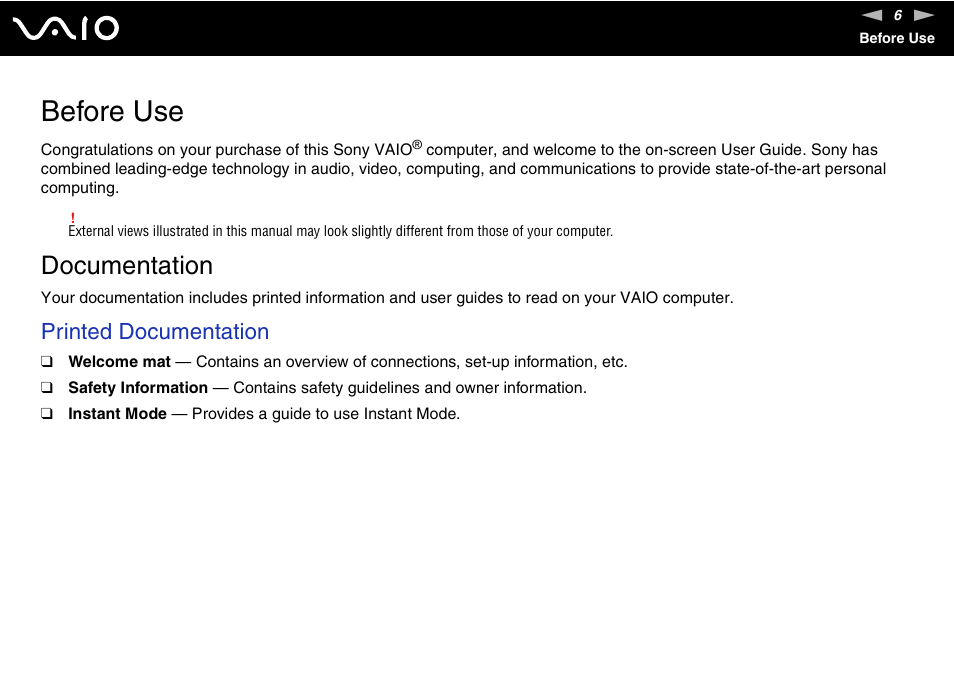 Before use, Documentation, Printed documentation | Sony VGN-TZ10 User Manual | Page 6 / 226