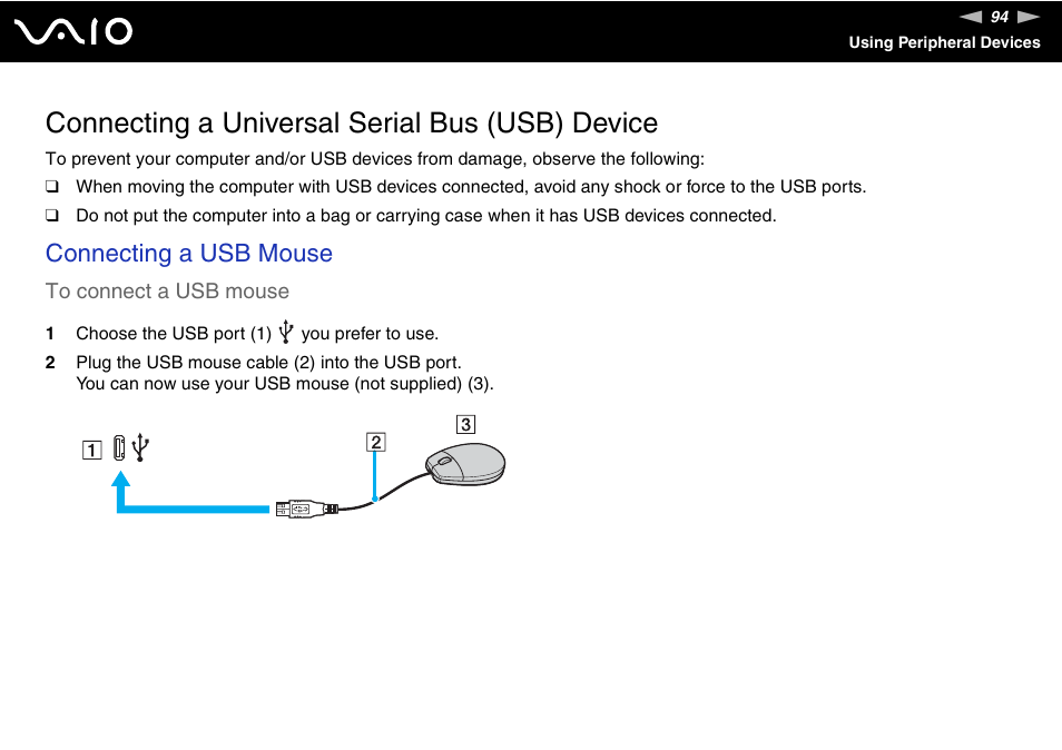 Connecting a universal serial bus (usb) device, Connecting a usb mouse | Sony VGN-TZ10 User Manual | Page 94 / 226