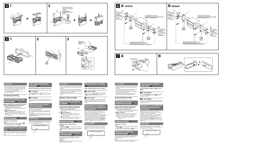 Toyota, Nissan, Précautions | Retrait du tour de protection et du support, Exemple de montage, Montage de l’appareil dans une voiture japonaise, How to detach and attach the front panel, Warning if your car’s ignition has no acc position, Reset button, Retrait et fixation de la façade | Sony CDX GT54UIW User Manual | Page 2 / 2