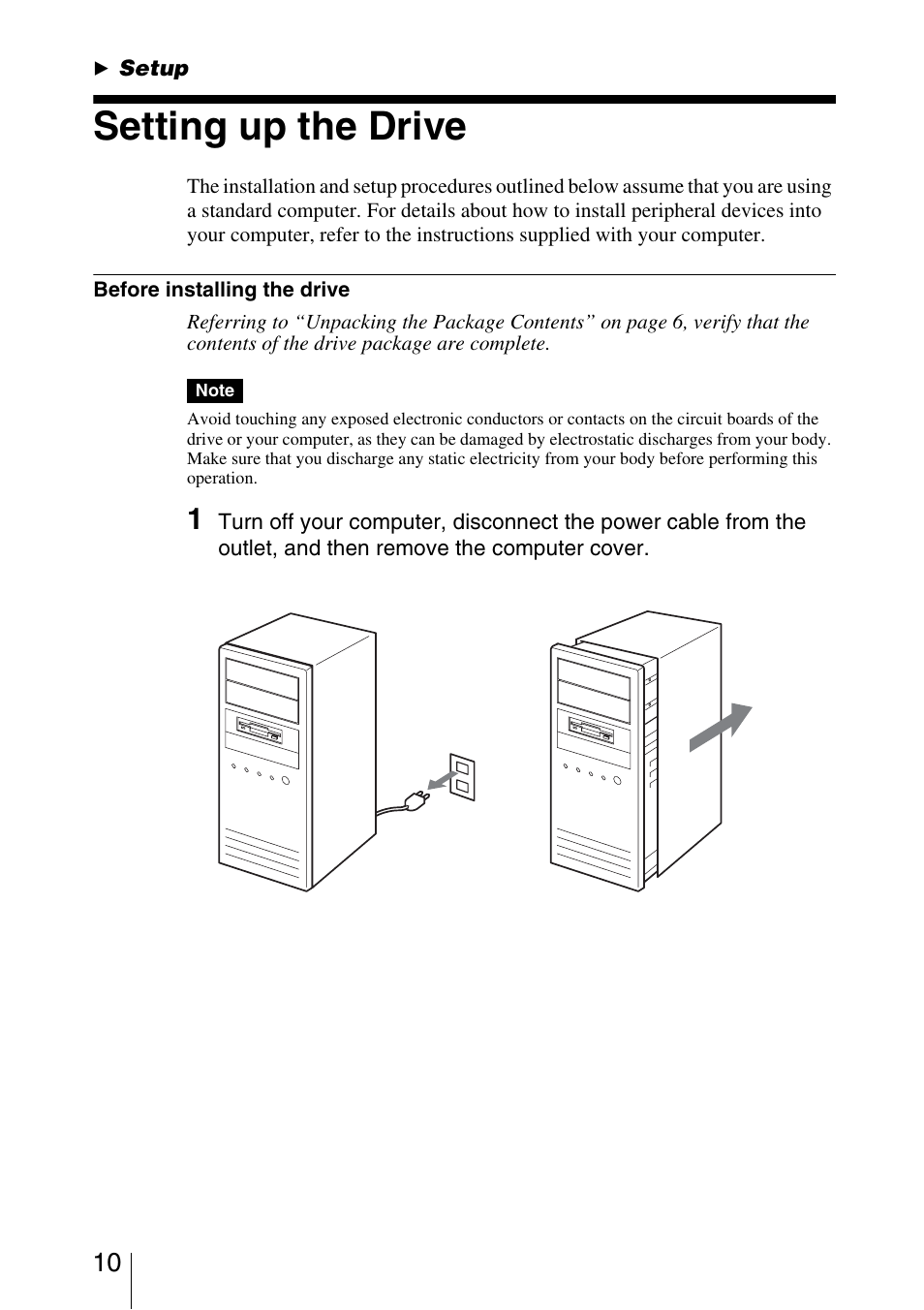 B setup, Setting up the drive, Setup | Sony DRU-800A User Manual | Page 10 / 36