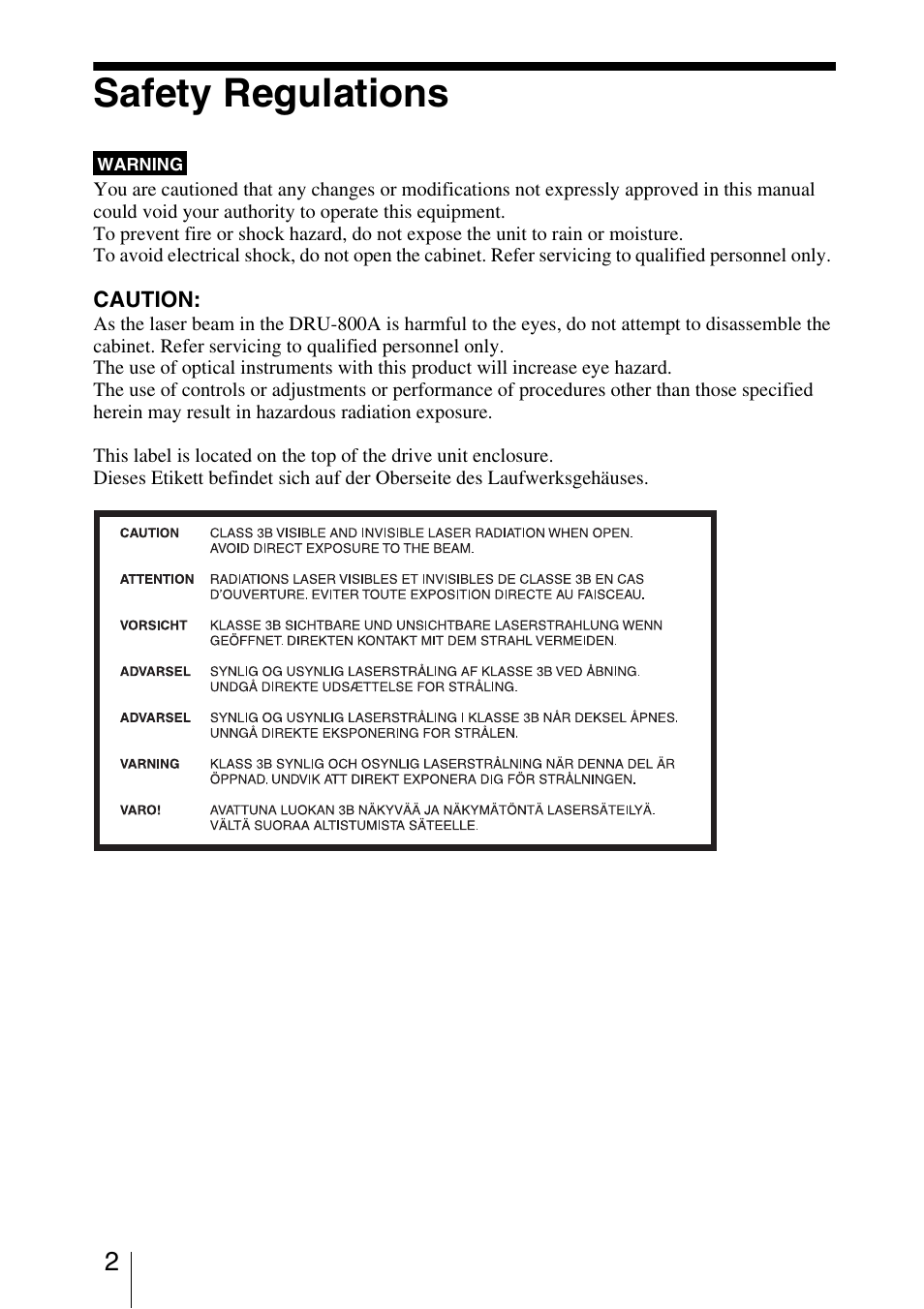 Safety regulations | Sony DRU-800A User Manual | Page 2 / 36