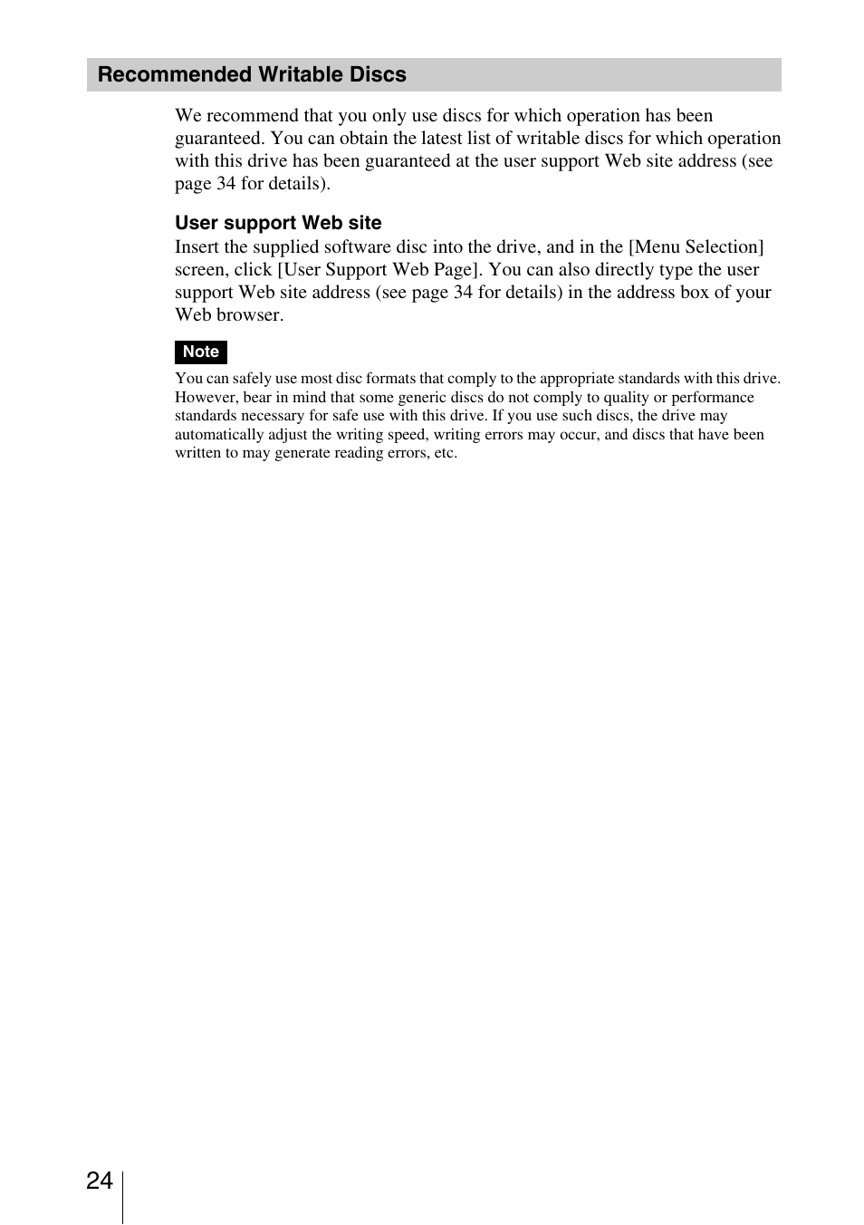 Recommended writable discs | Sony DRU-800A User Manual | Page 24 / 36