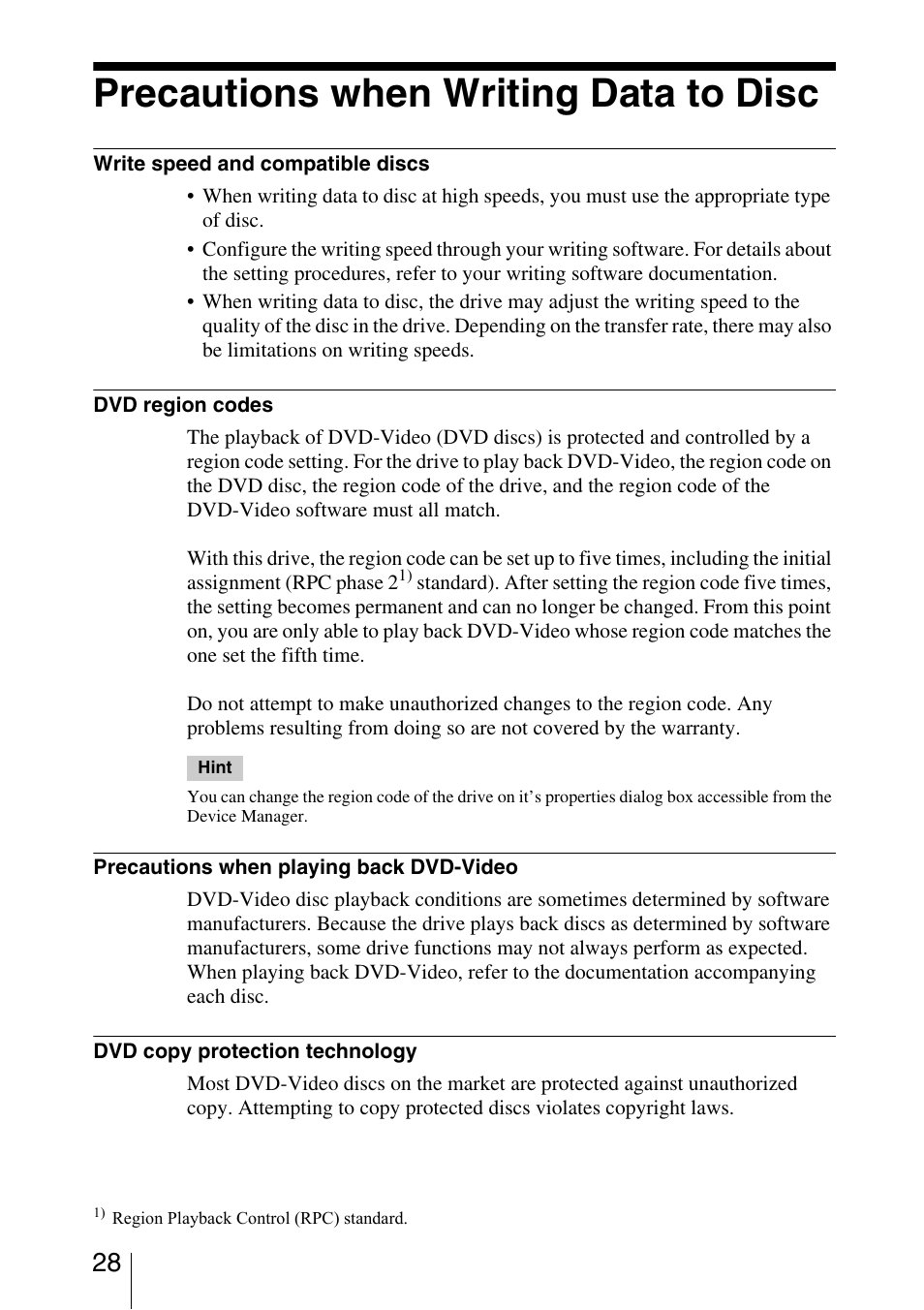 Precautions when writing data to disc | Sony DRU-800A User Manual | Page 28 / 36