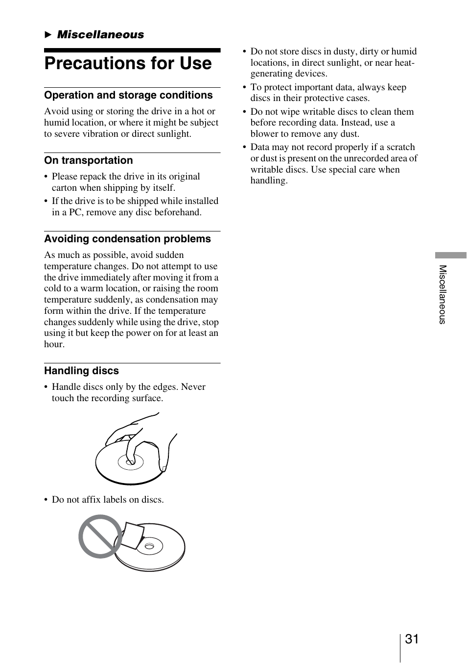 B miscellaneous, Precautions for use, Miscellaneous | Sony DRU-800A User Manual | Page 31 / 36