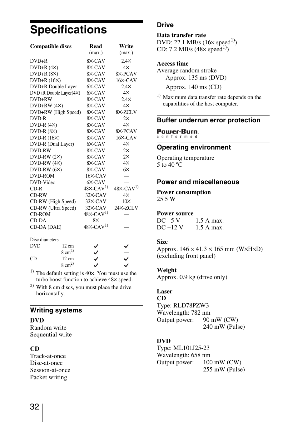 Specifications | Sony DRU-800A User Manual | Page 32 / 36