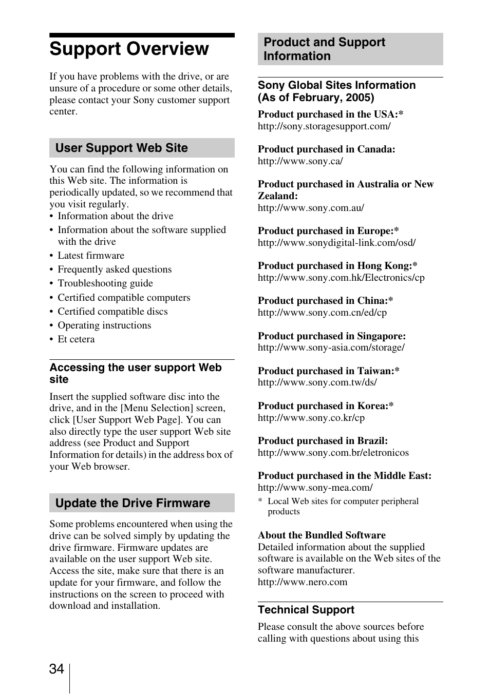 Support overview, User support web site, Update the drive firmware | Product and support information | Sony DRU-800A User Manual | Page 34 / 36