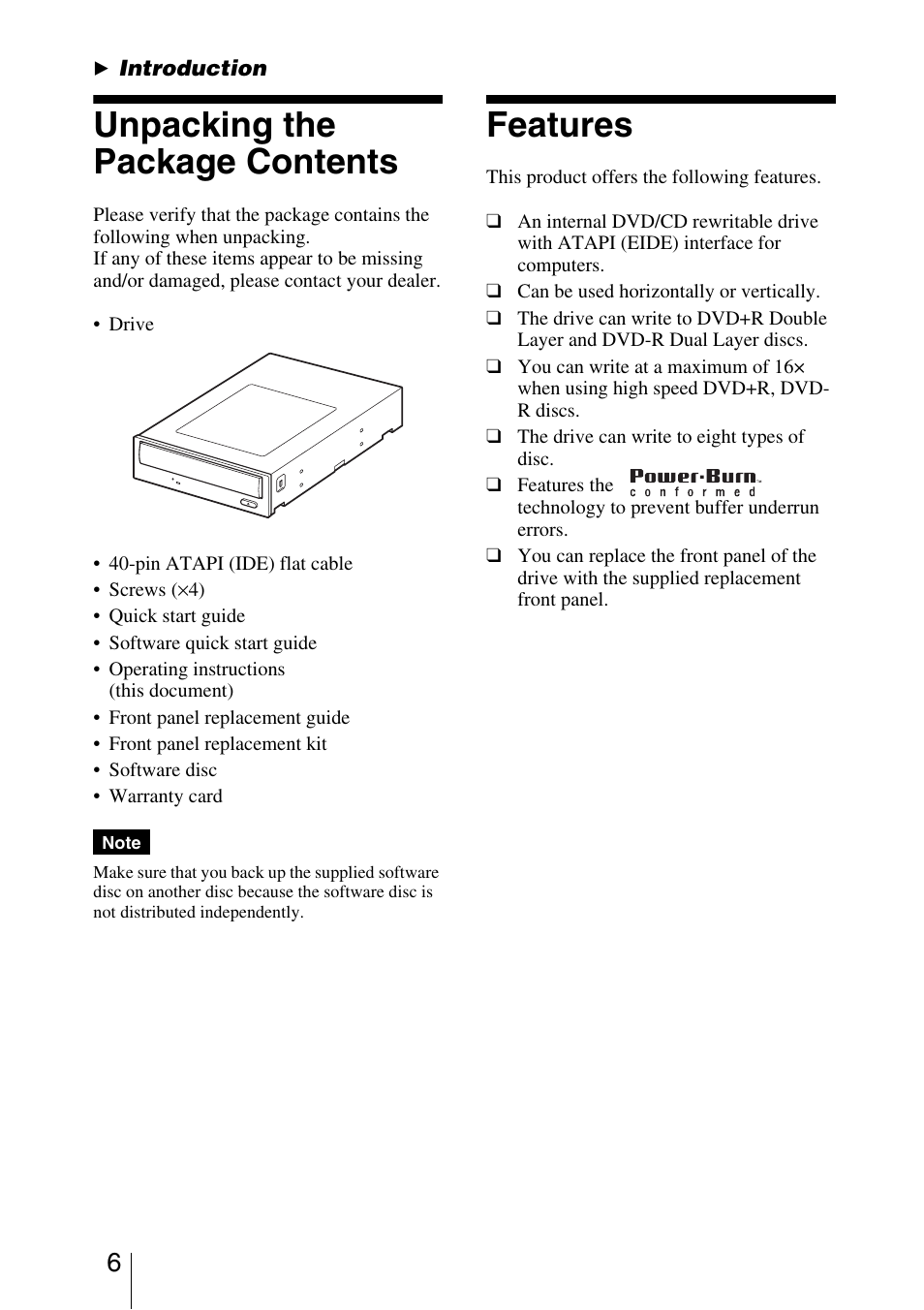B introduction, Unpacking the package contents, Features | Introduction | Sony DRU-800A User Manual | Page 6 / 36