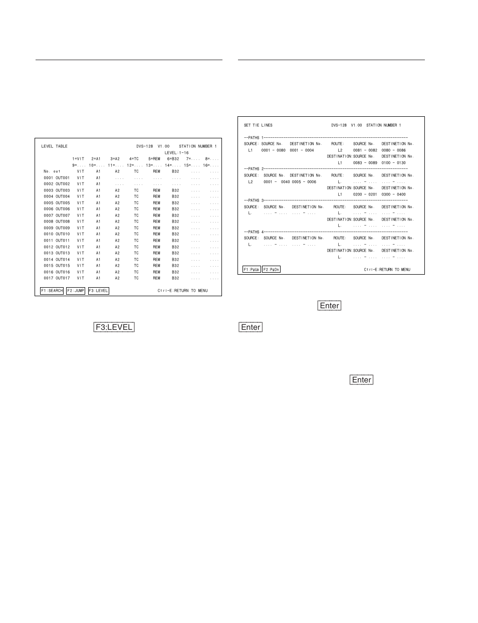 E : set level table (dvs-128/hds-x3000 series), O : set tie lines (dvs-128/hds-x3000 series) | Sony DVS-V3232B/V3232M User Manual | Page 144 / 158