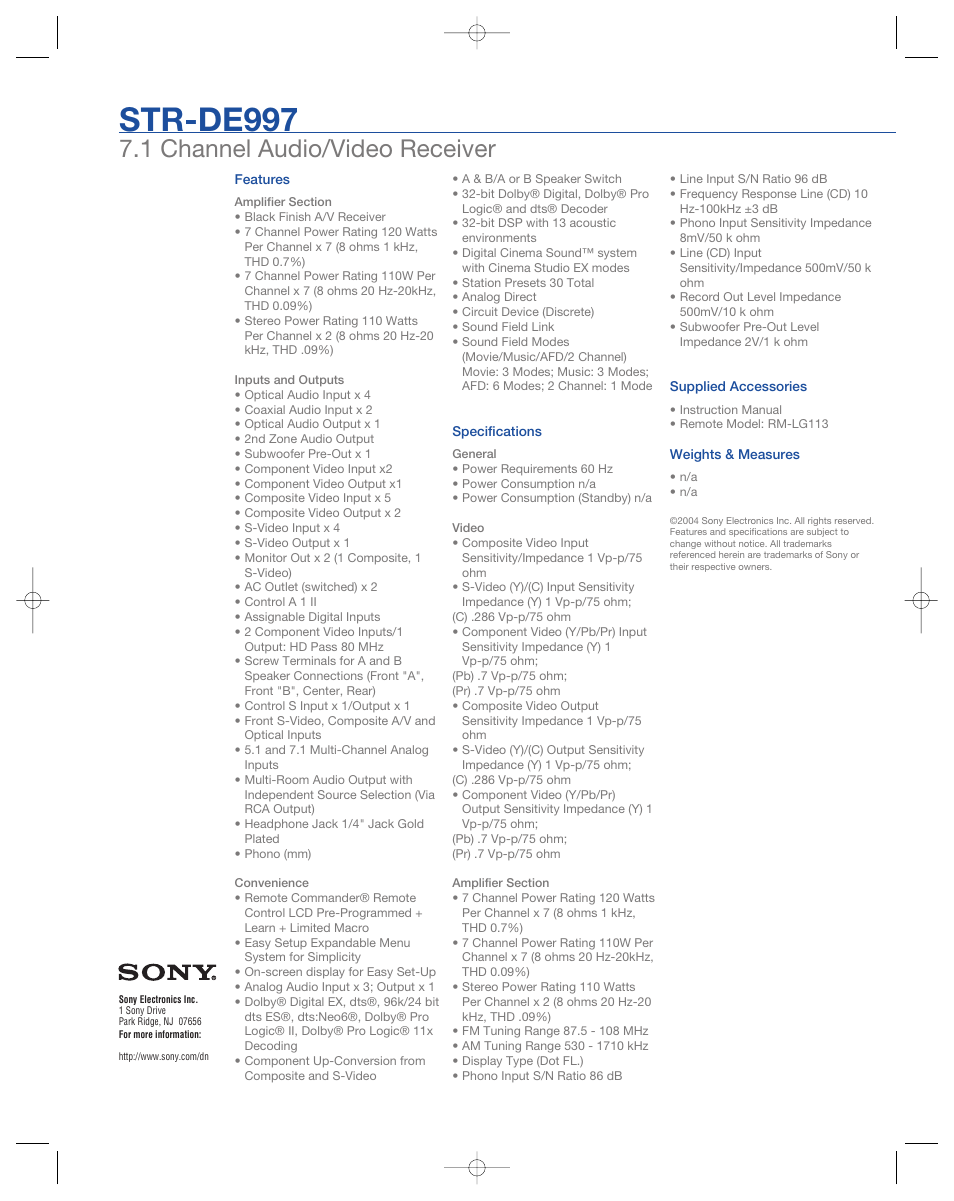 Str-de997, 1 channel audio/video receiver | Sony STR-DE997 User Manual | Page 2 / 2