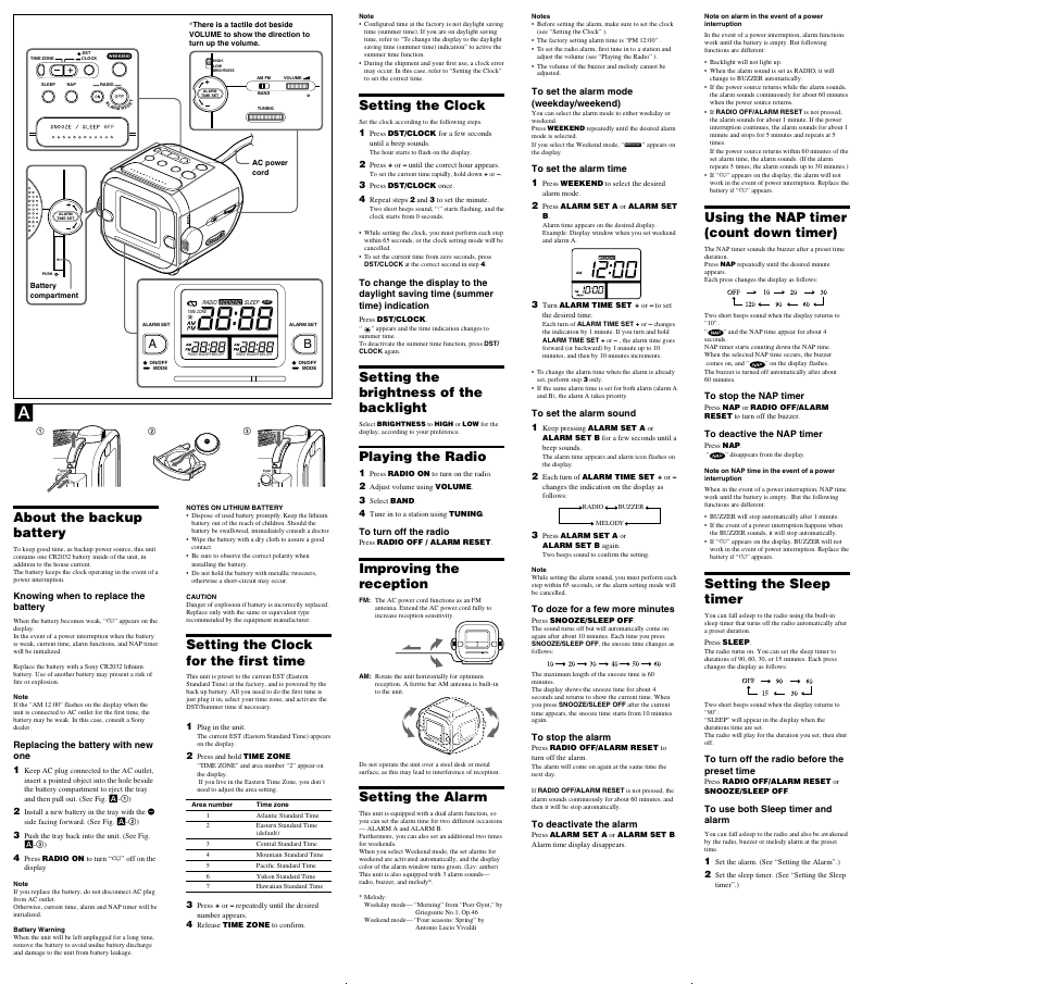 About the backup battery, Setting the clock for the first time, Setting the clock | Setting the brightness of the backlight, Playing the radio, Improving the reception, Setting the alarm, Using the nap timer (count down timer), Setting the sleep timer | Sony ICF-C180 User Manual | Page 2 / 2