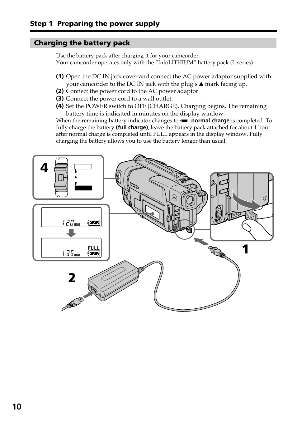 Charging the battery pack | Sony CCD-TRV37 User Manual | Page 10 / 88