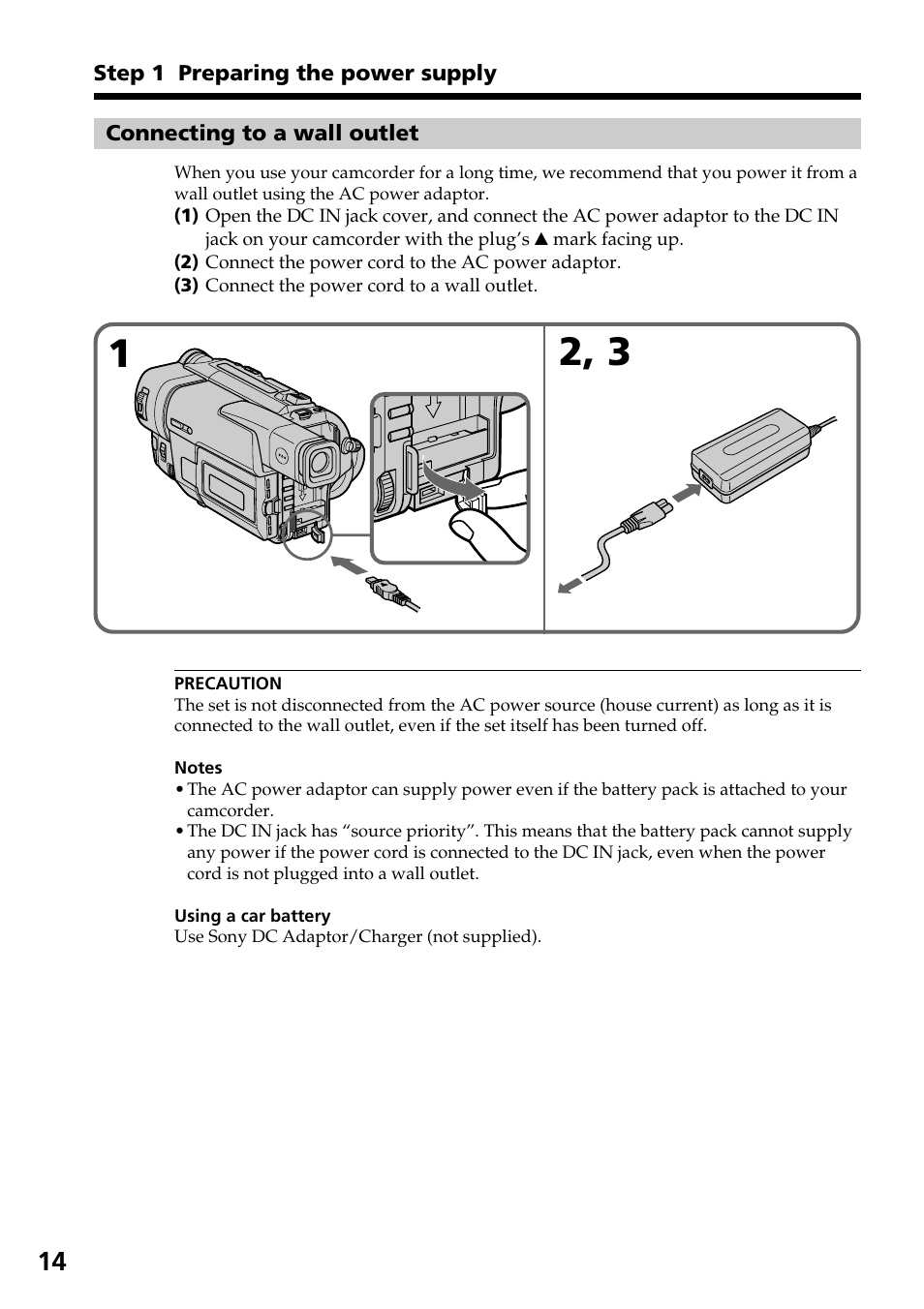 Connecting to a wall outlet | Sony CCD-TRV37 User Manual | Page 14 / 88