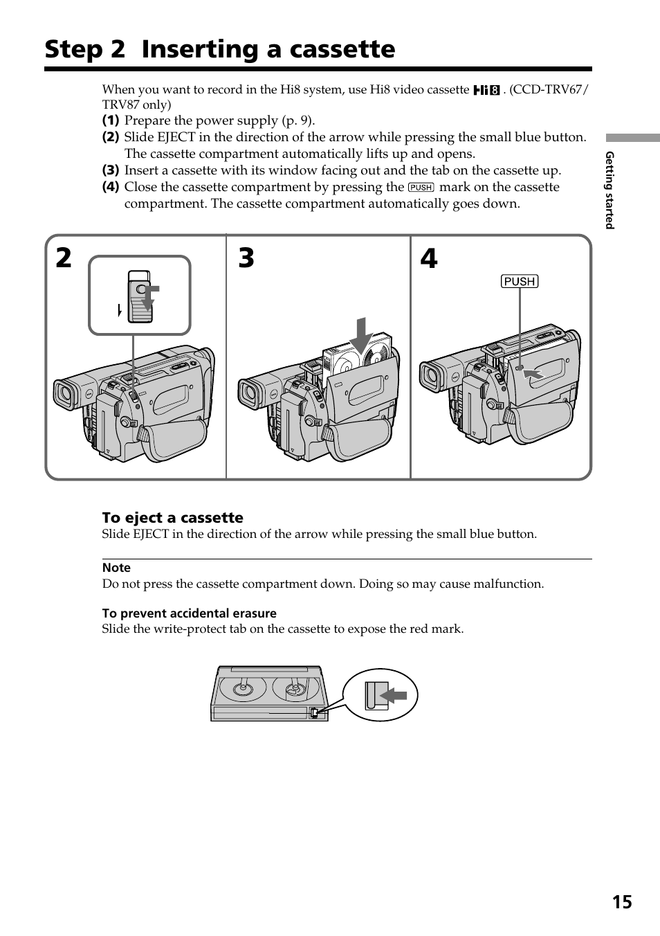 Step 2 inserting a cassette | Sony CCD-TRV37 User Manual | Page 15 / 88