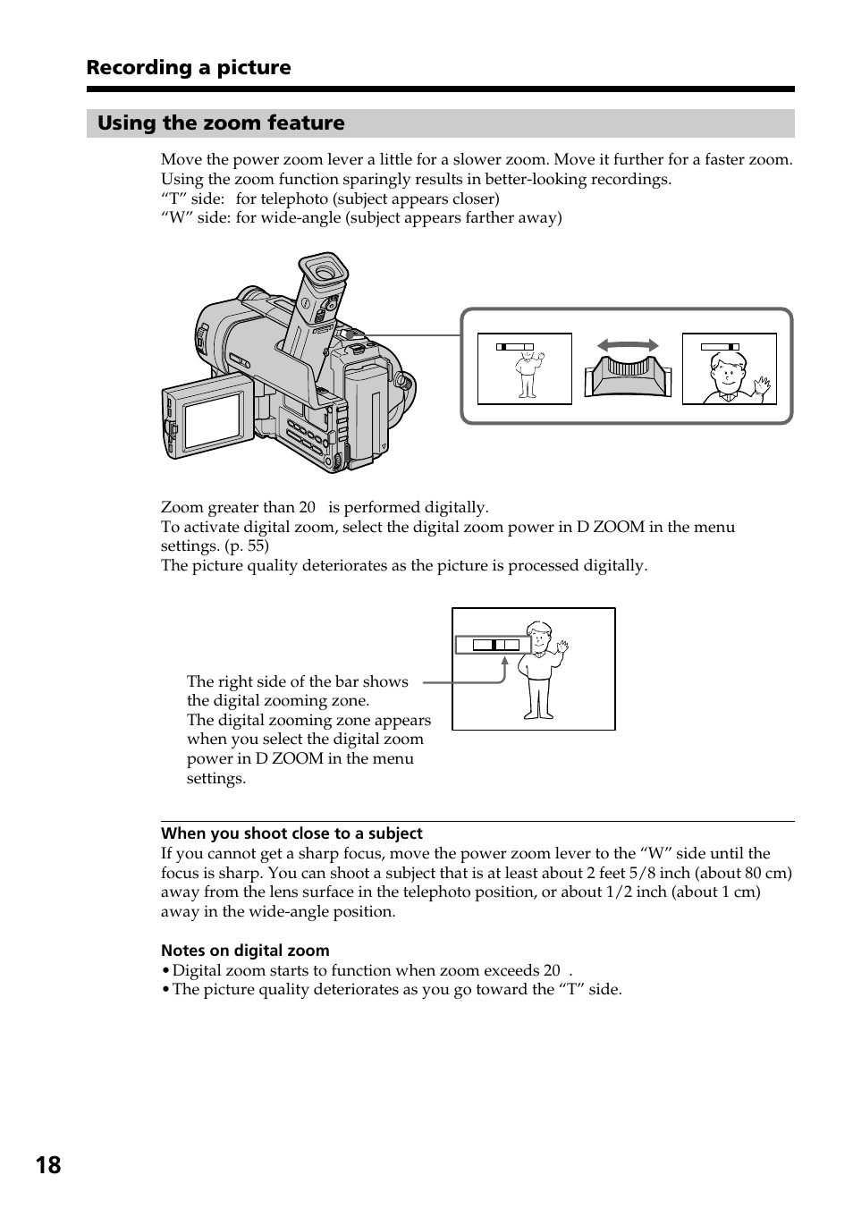 Using the zoom feature, Recording a picture | Sony CCD-TRV37 User Manual | Page 18 / 88