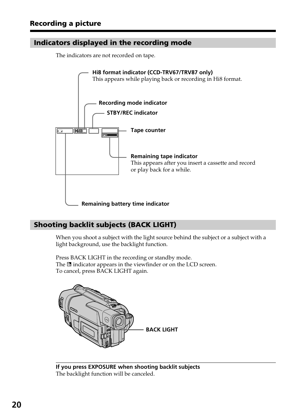 Shooting backlit subjects (back light), Shooting backlit subjects, Back light) | Indicators displayed in the recording mode, Recording a picture | Sony CCD-TRV37 User Manual | Page 20 / 88