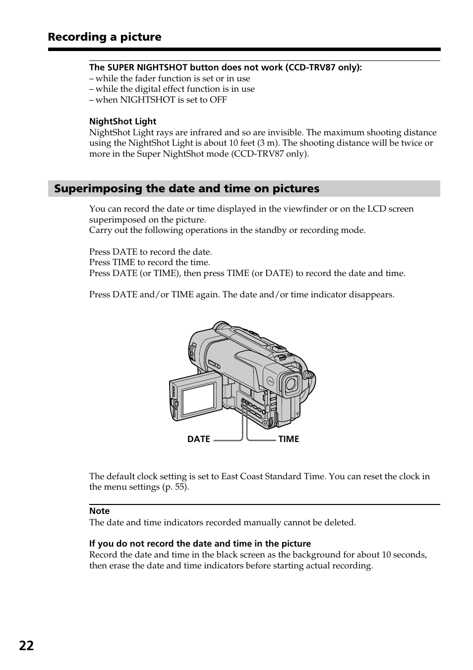 Superimposing the date and time on pictures | Sony CCD-TRV37 User Manual | Page 22 / 88