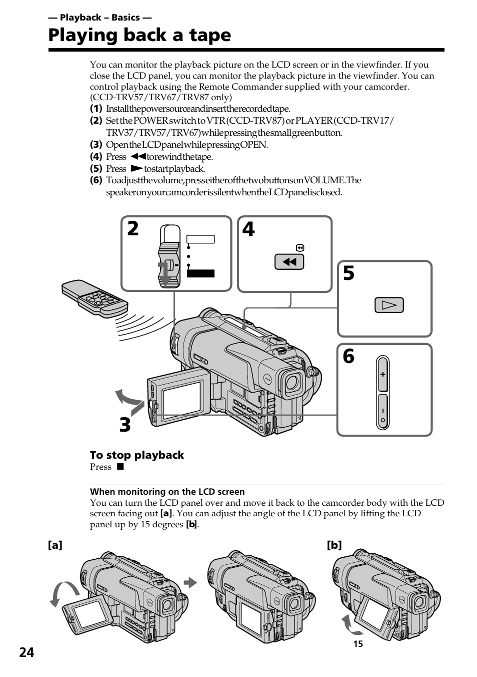 Playback ð basics, Playing back a tape, Playback – basics | Sony CCD-TRV37 User Manual | Page 24 / 88