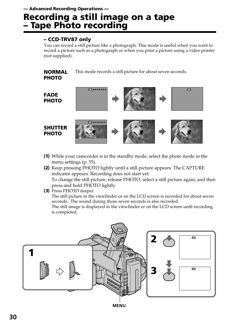 Advanced recording operations, Recording a still image on a tape, Tape photo recording (ccd-trv87 only) | Sony CCD-TRV37 User Manual | Page 30 / 88