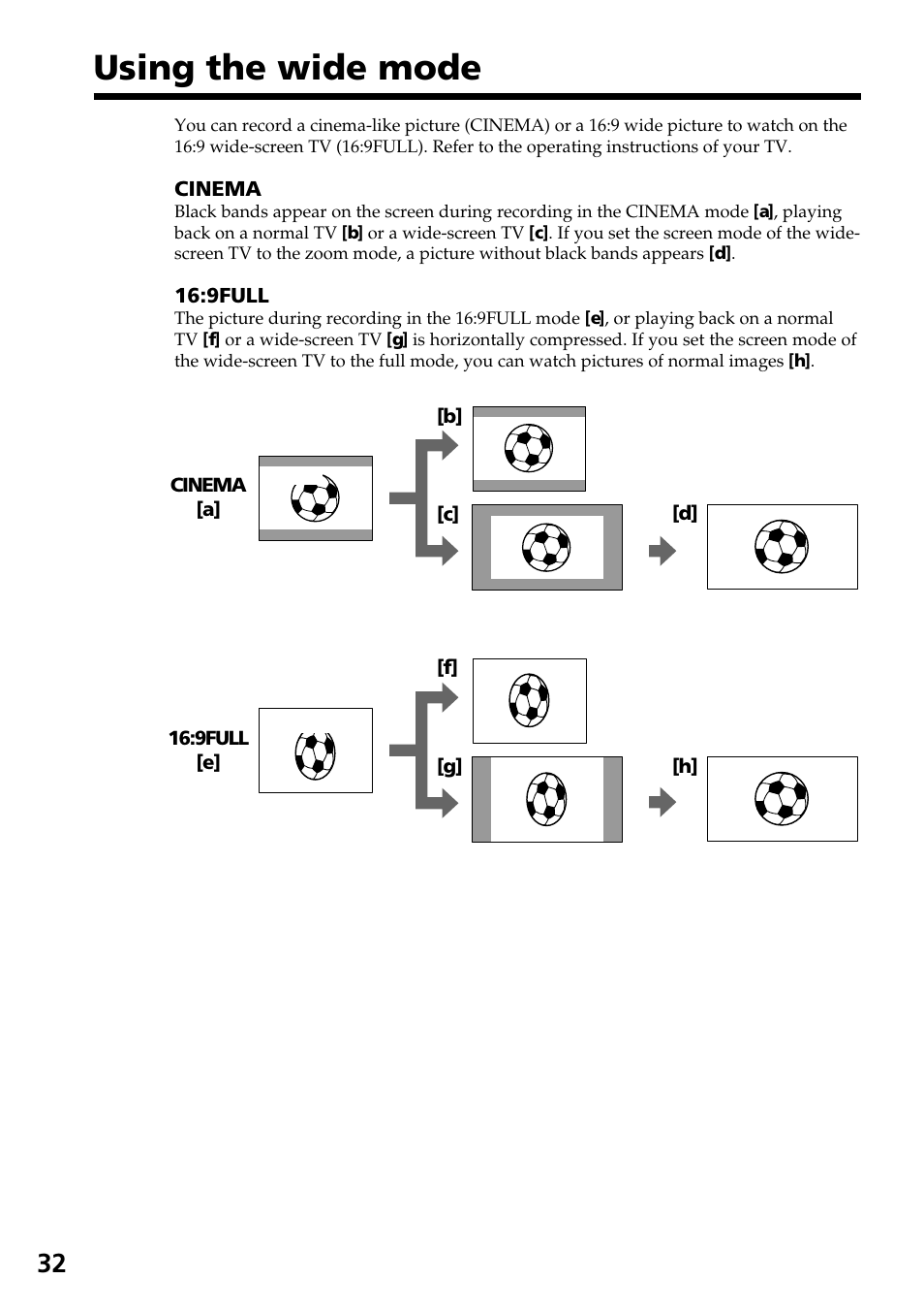 Using the wide mode | Sony CCD-TRV37 User Manual | Page 32 / 88
