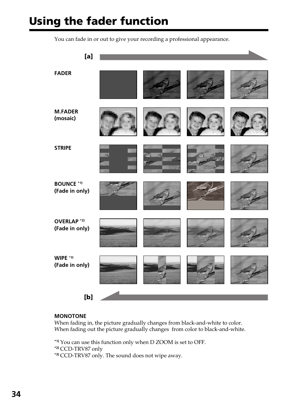 Using the fader function | Sony CCD-TRV37 User Manual | Page 34 / 88
