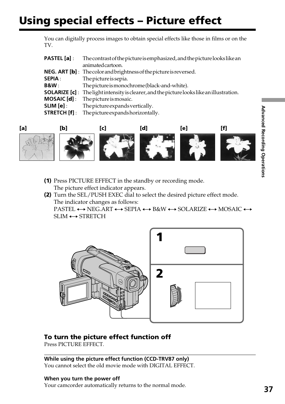 Using special effects ð picture effect, Using special effects, Picture effect | Using special effects – picture effect | Sony CCD-TRV37 User Manual | Page 37 / 88
