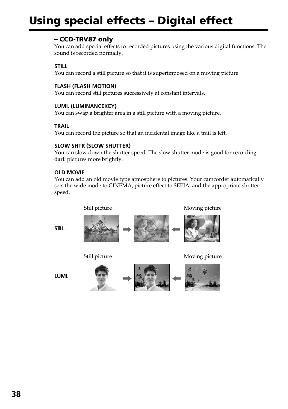 Using special effects, Digital effect (ccd-trv87 only), Using special effects – digital effect | Sony CCD-TRV37 User Manual | Page 38 / 88