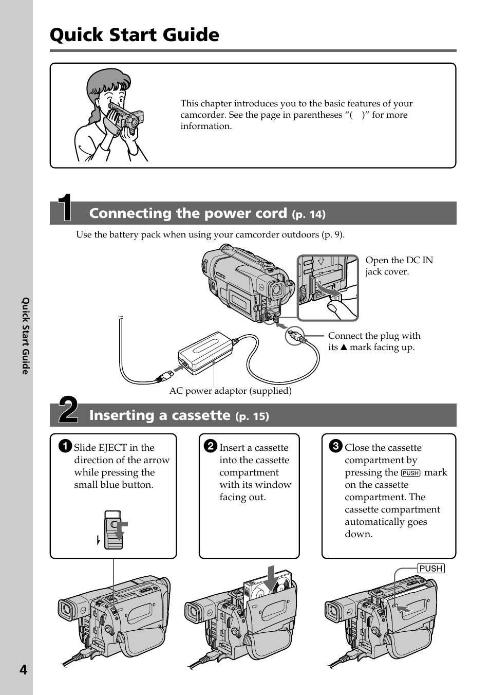 Quick start guide, Inserting a cassette, Connecting the power cord | Sony CCD-TRV37 User Manual | Page 4 / 88