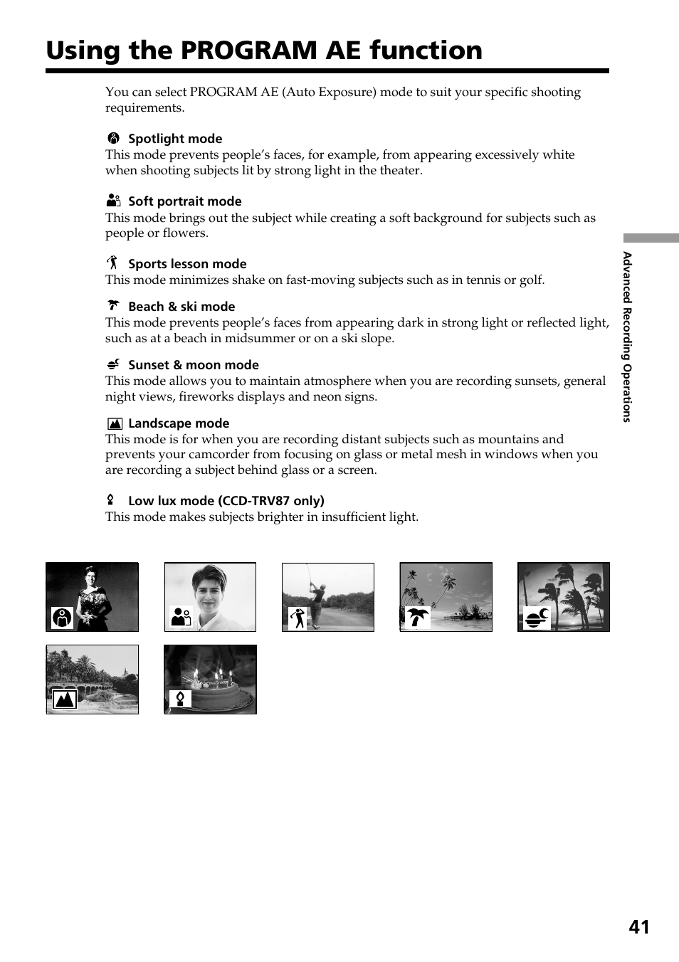Using the program ae function | Sony CCD-TRV37 User Manual | Page 41 / 88