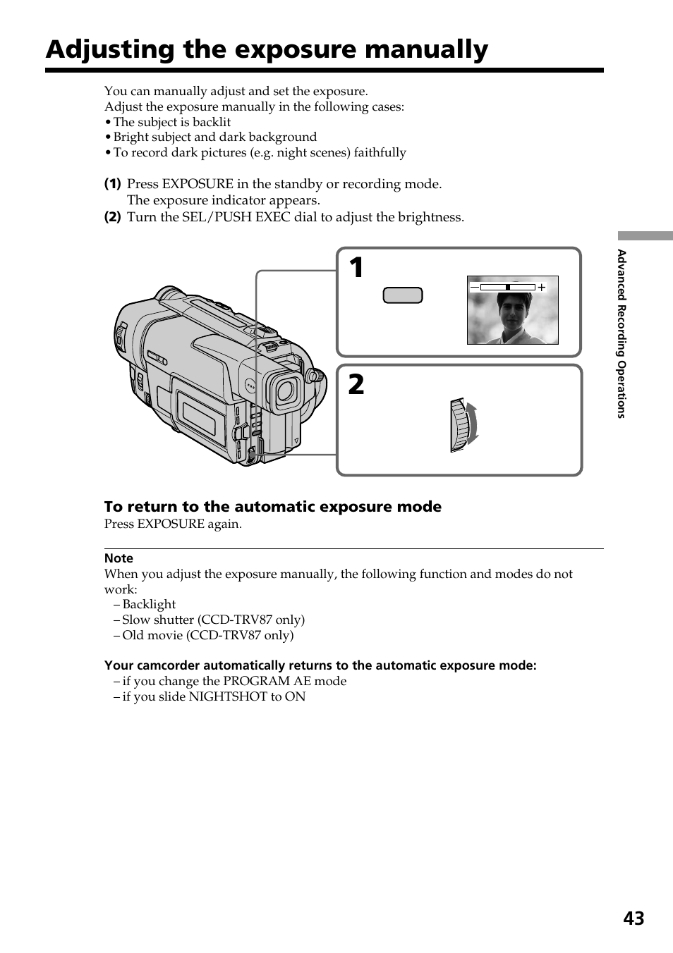 Adjusting the exposure manually | Sony CCD-TRV37 User Manual | Page 43 / 88