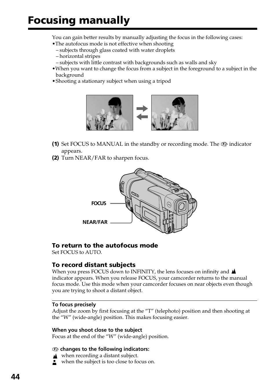 Focusing manually | Sony CCD-TRV37 User Manual | Page 44 / 88