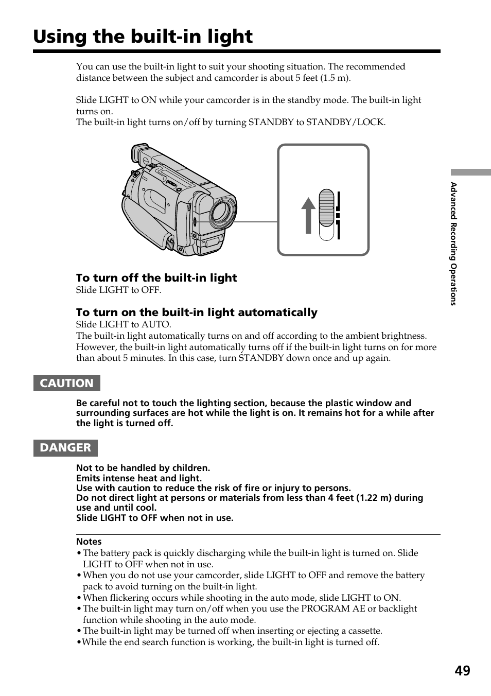 Using the built-in light | Sony CCD-TRV37 User Manual | Page 49 / 88