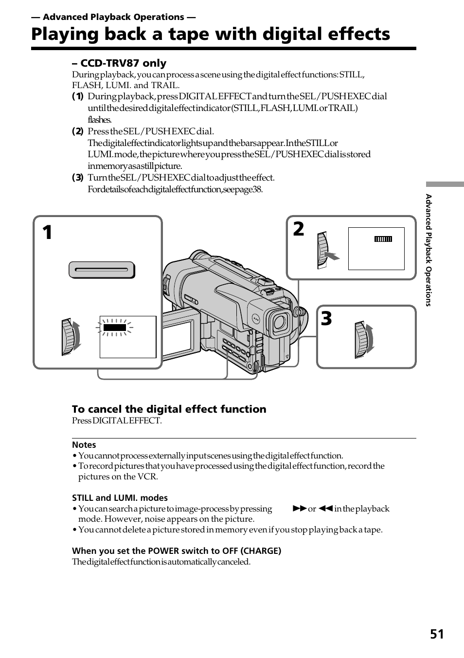 Advanced playback operations, Playing back a tape with digital effects, Ccd-trv87 only) | Sony CCD-TRV37 User Manual | Page 51 / 88