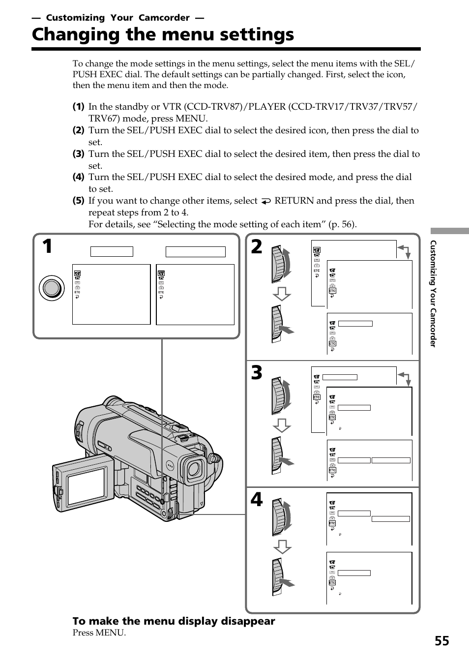 Customizing your camcorder, Changing the menu settings | Sony CCD-TRV37 User Manual | Page 55 / 88