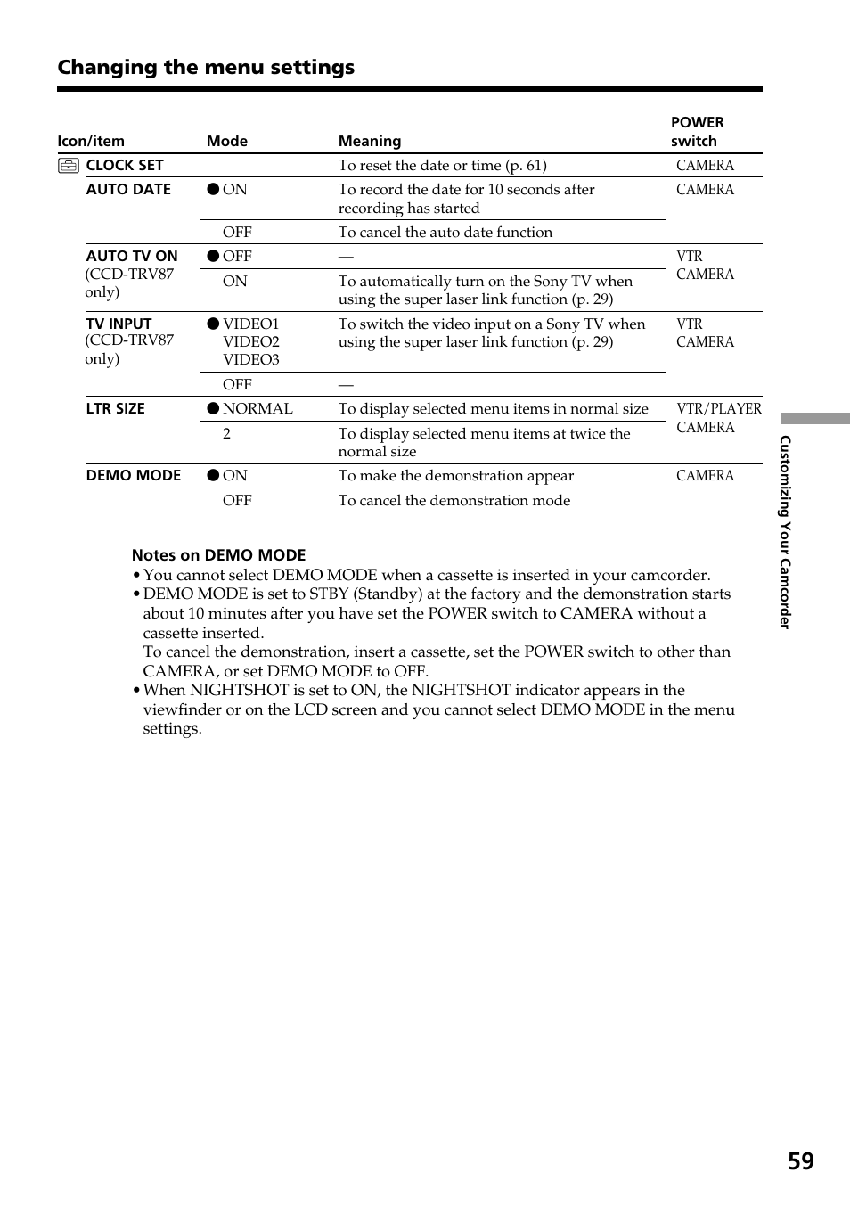 Changing the menu settings | Sony CCD-TRV37 User Manual | Page 59 / 88