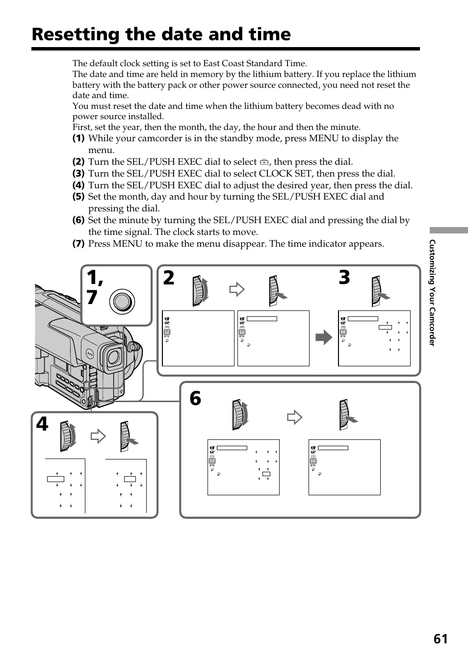 Resetting the date and time | Sony CCD-TRV37 User Manual | Page 61 / 88