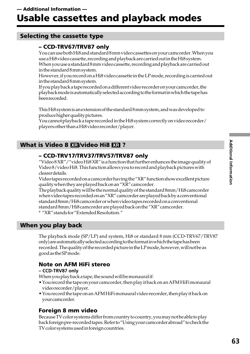 Additional information, Usable cassettes and playback modes | Sony CCD-TRV37 User Manual | Page 63 / 88