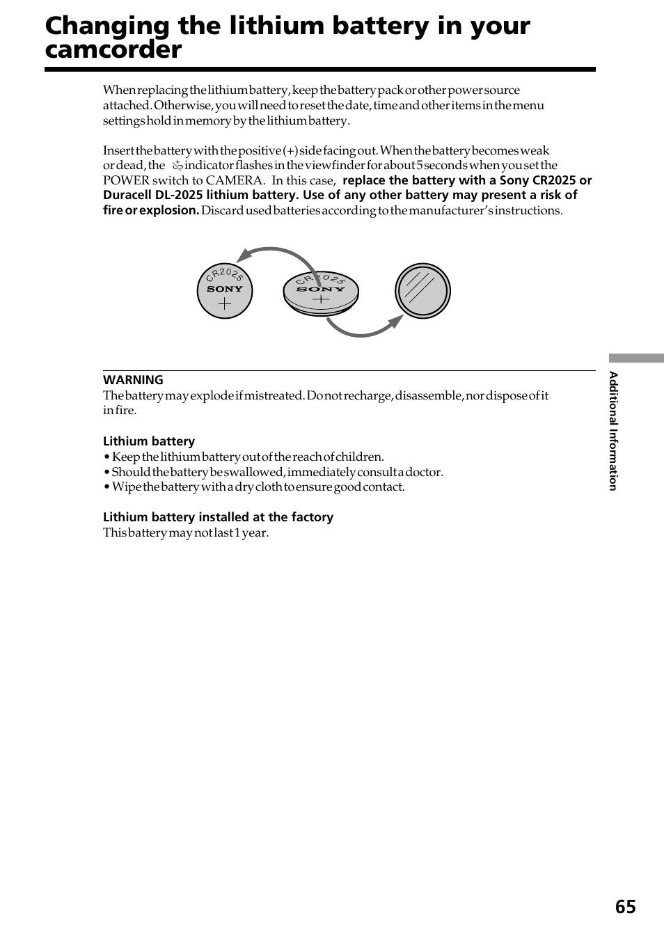 Changing the lithium battery in your camcorder, Changing the lithium battery in your, Camcorder | Sony CCD-TRV37 User Manual | Page 65 / 88