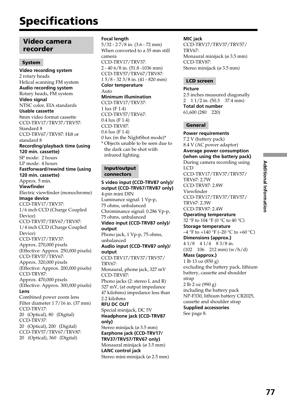 Specifications, Video camera recorder | Sony CCD-TRV37 User Manual | Page 77 / 88