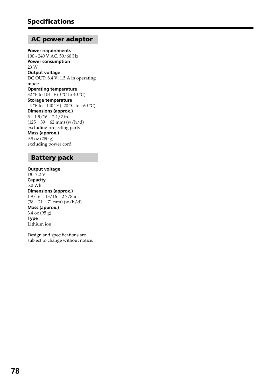 Ac power adaptor, Battery pack, Specifications | Sony CCD-TRV37 User Manual | Page 78 / 88