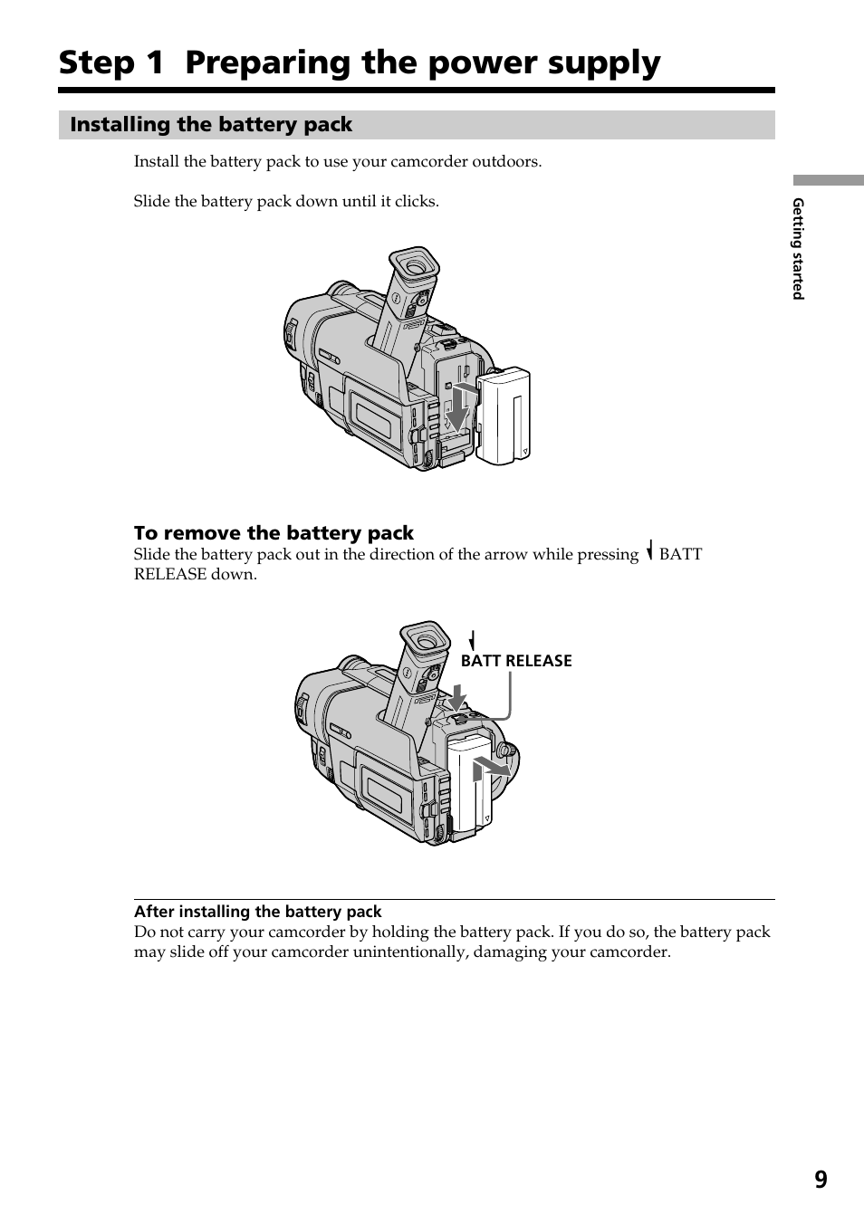 Step 1 preparing the power supply, Installing the battery pack | Sony CCD-TRV37 User Manual | Page 9 / 88