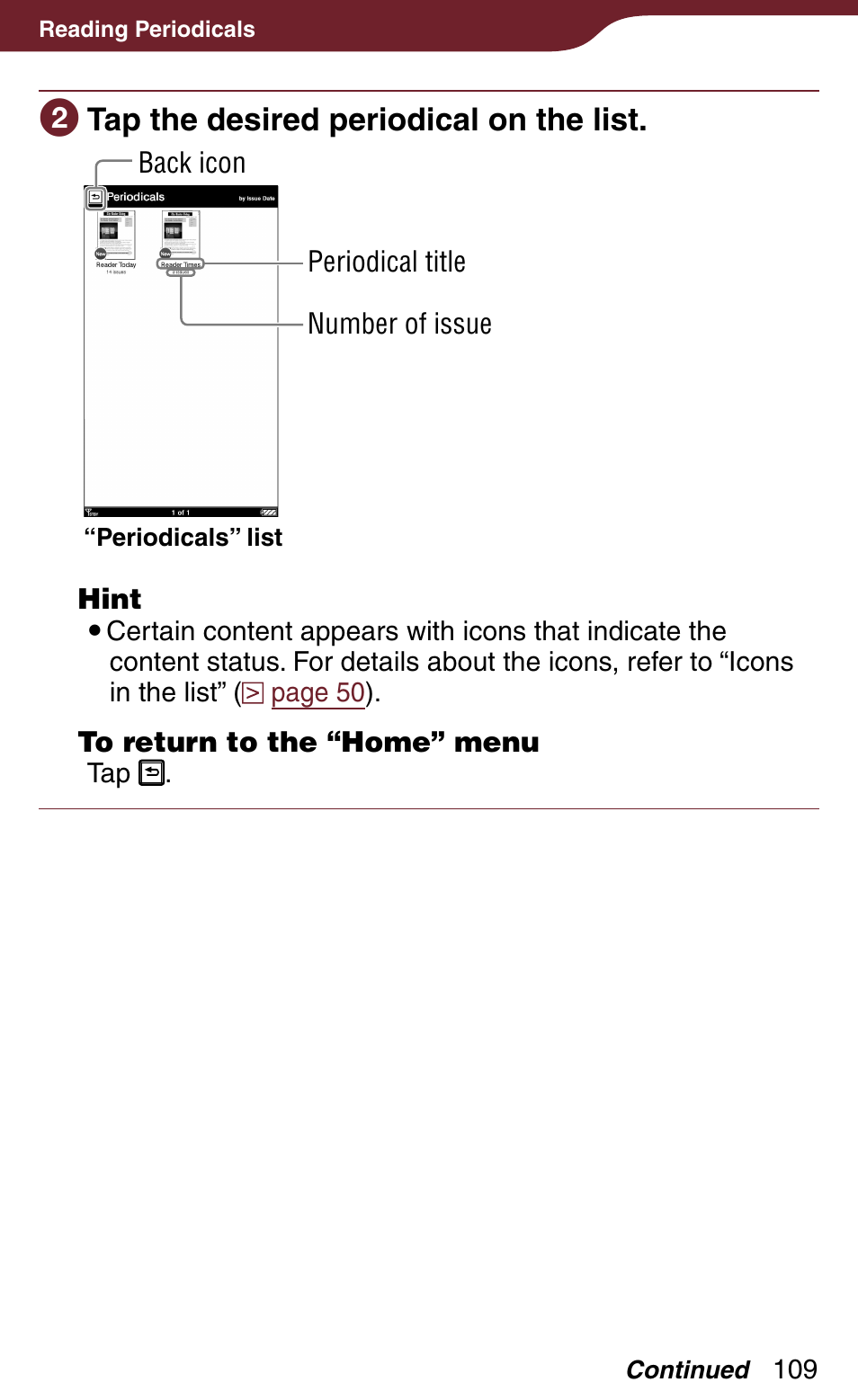 Tap the desired periodical on the list | Sony Reader Daily Edition PRS-900BC User Manual | Page 109 / 202