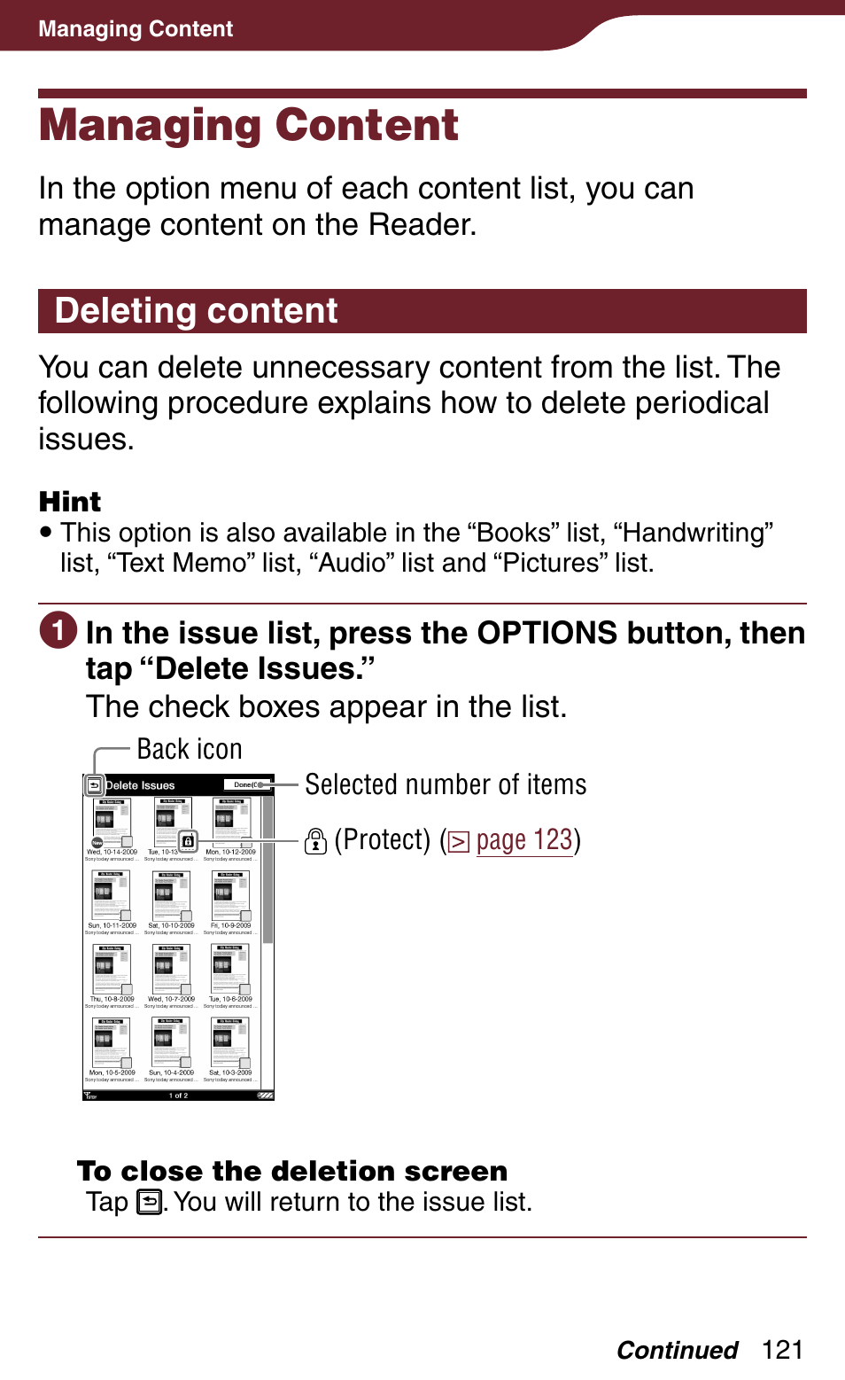 Managing content, Deleting content, Managing content 1 | Deleting content 1, Y content on the reader, Deletes the books, Delete, And protect content, And comments within the book, Stored on the reader | Sony Reader Daily Edition PRS-900BC User Manual | Page 121 / 202