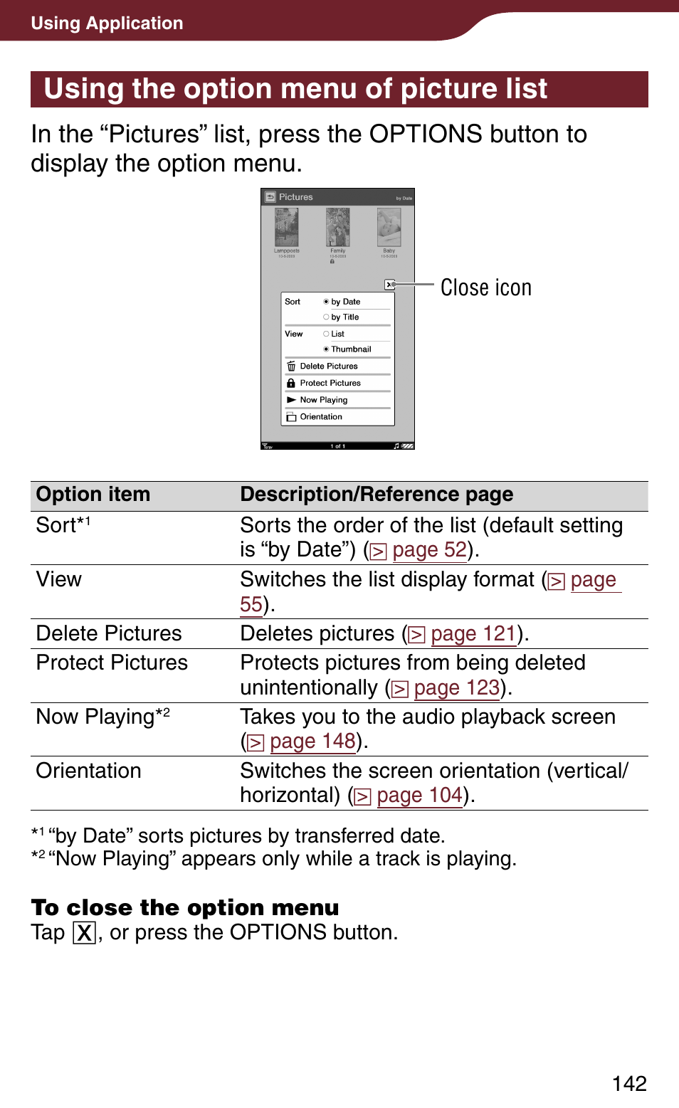 Using the option menu of picture list | Sony Reader Daily Edition PRS-900BC User Manual | Page 142 / 202