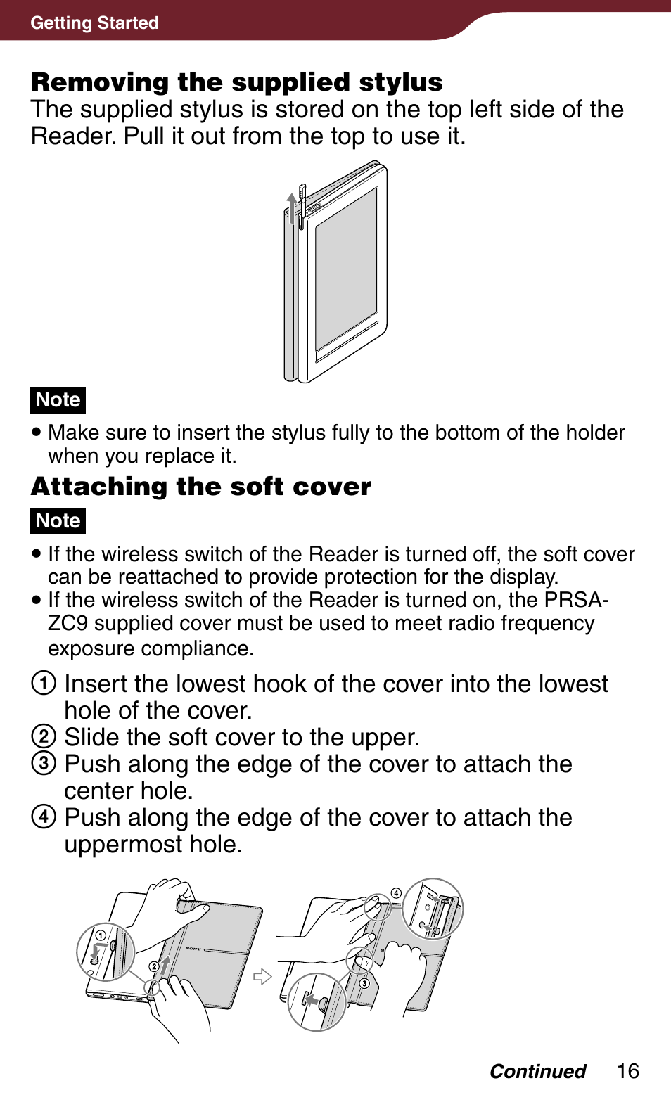 Removing the supplied stylus, Attaching the soft cover | Sony Reader Daily Edition PRS-900BC User Manual | Page 16 / 202