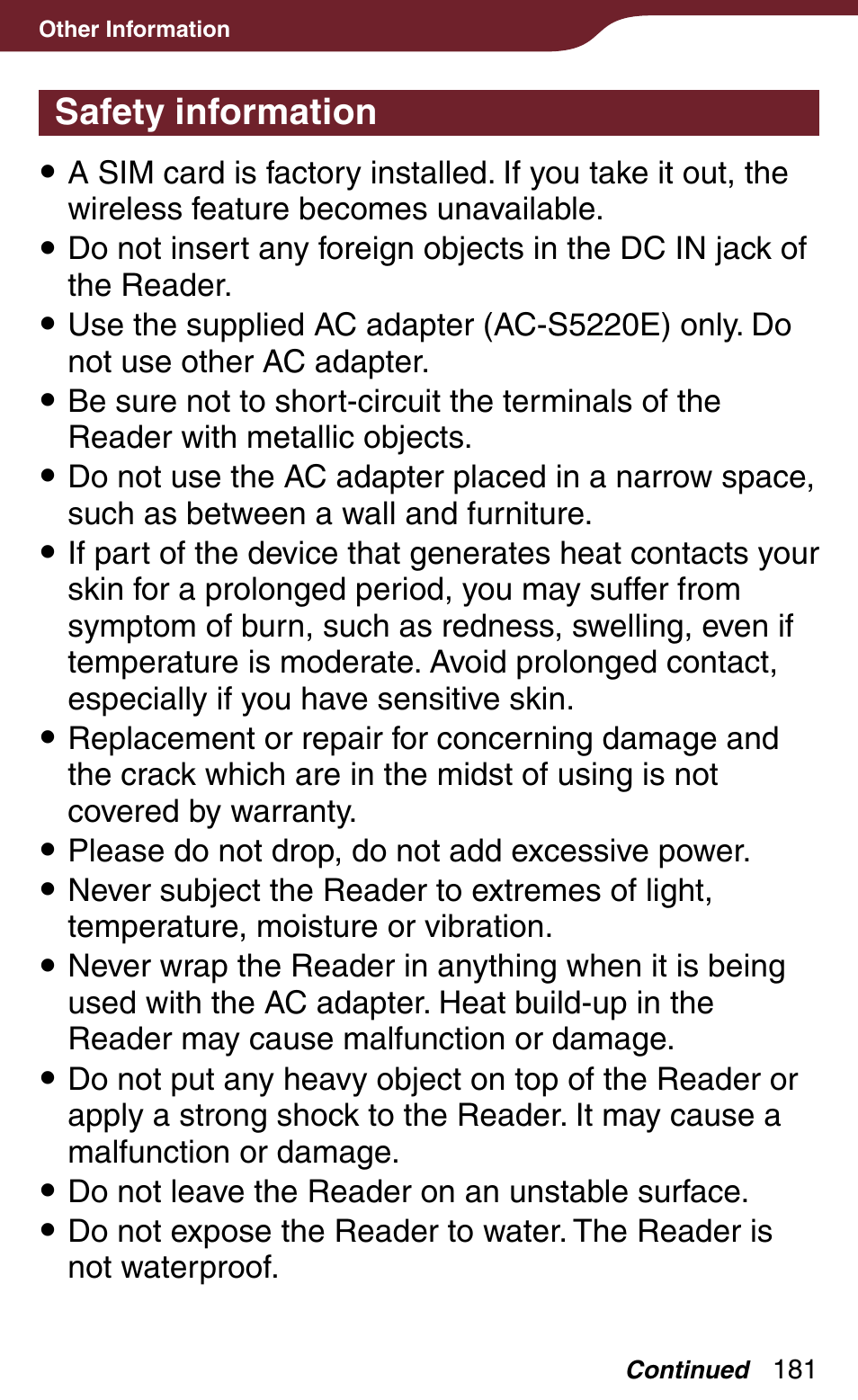 Safety information | Sony Reader Daily Edition PRS-900BC User Manual | Page 181 / 202