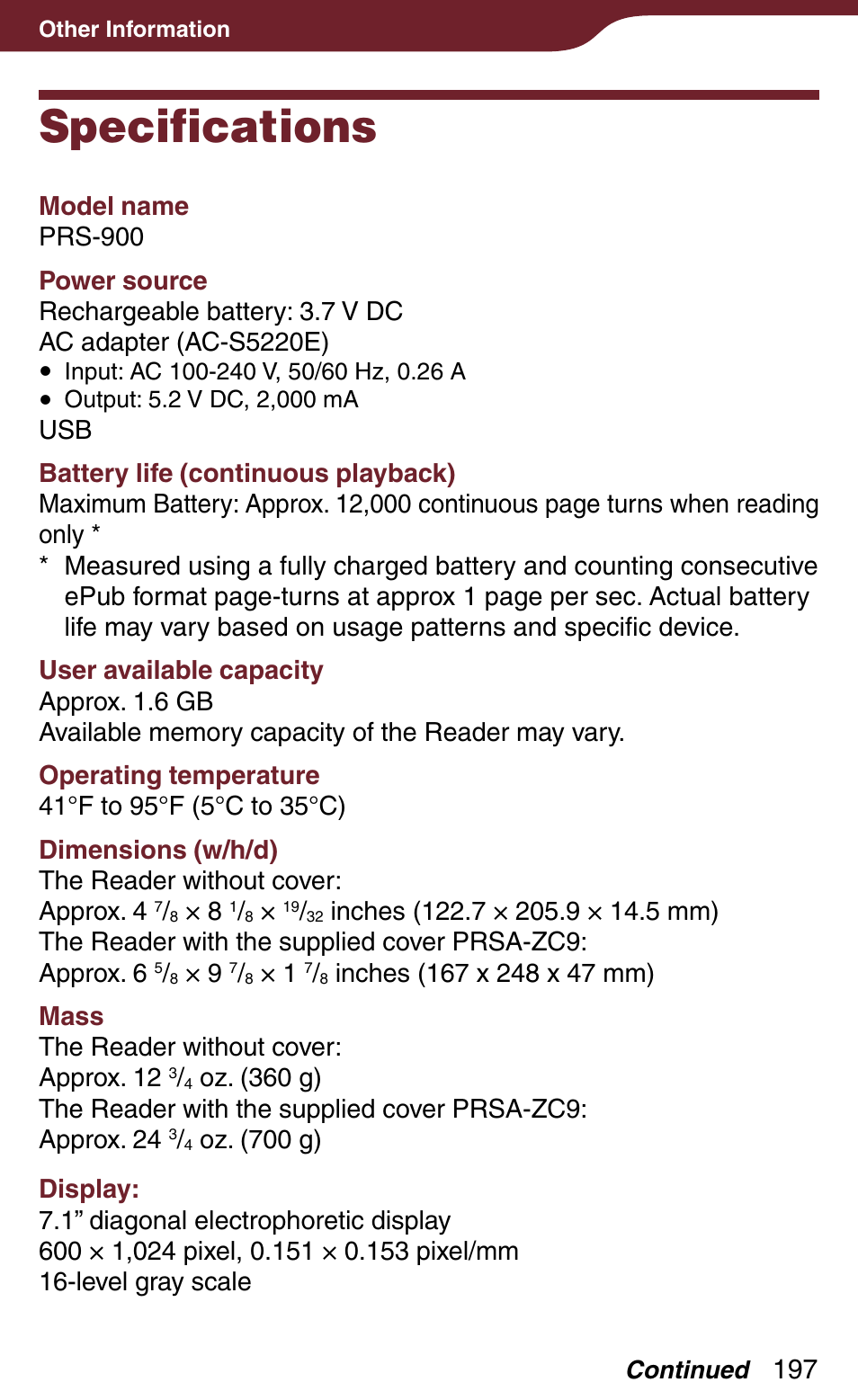 Specifications | Sony Reader Daily Edition PRS-900BC User Manual | Page 197 / 202