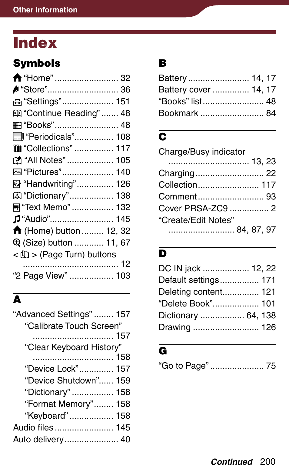 Index, Symbols | Sony Reader Daily Edition PRS-900BC User Manual | Page 200 / 202