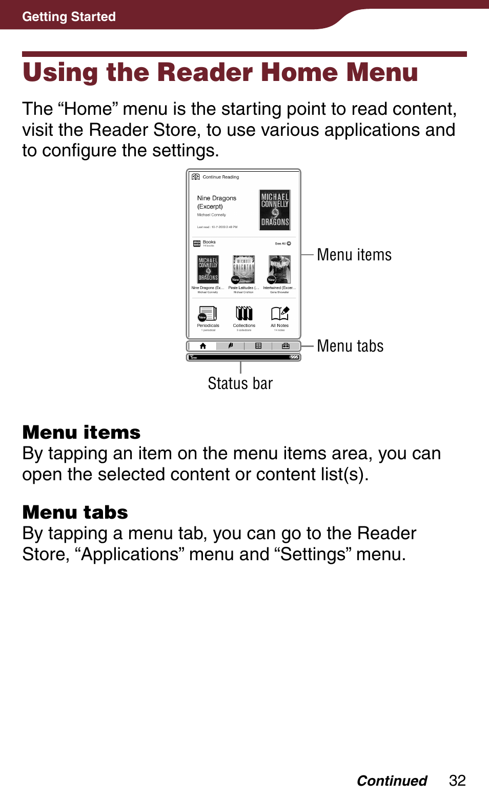 Using the reader home menu, Y time | Sony Reader Daily Edition PRS-900BC User Manual | Page 32 / 202