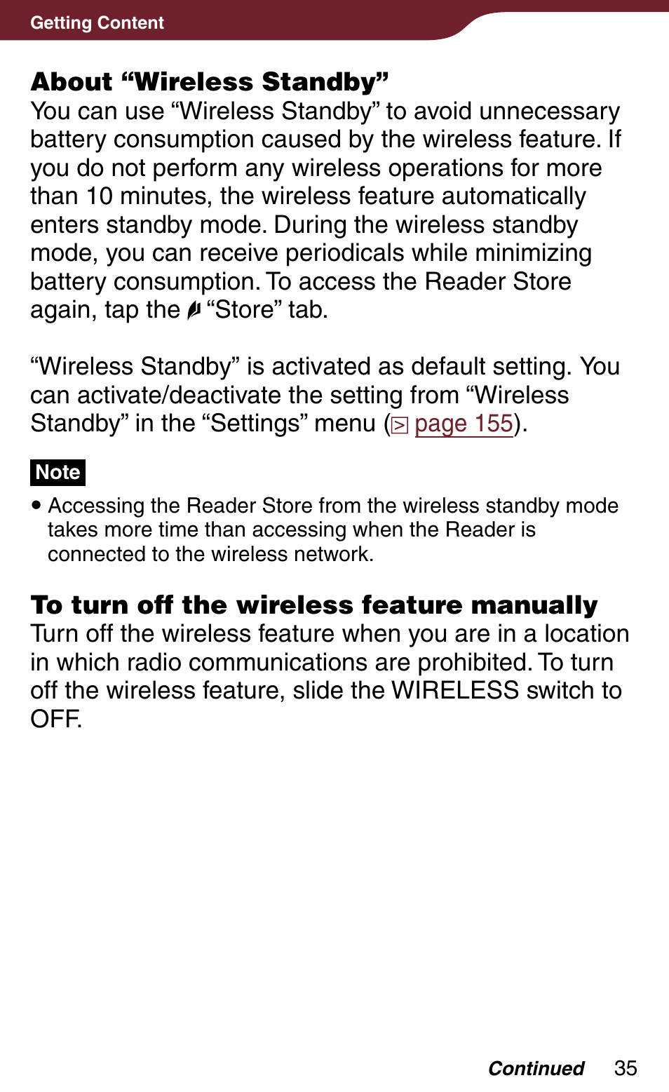 Witch is set to off | Sony Reader Daily Edition PRS-900BC User Manual | Page 35 / 202